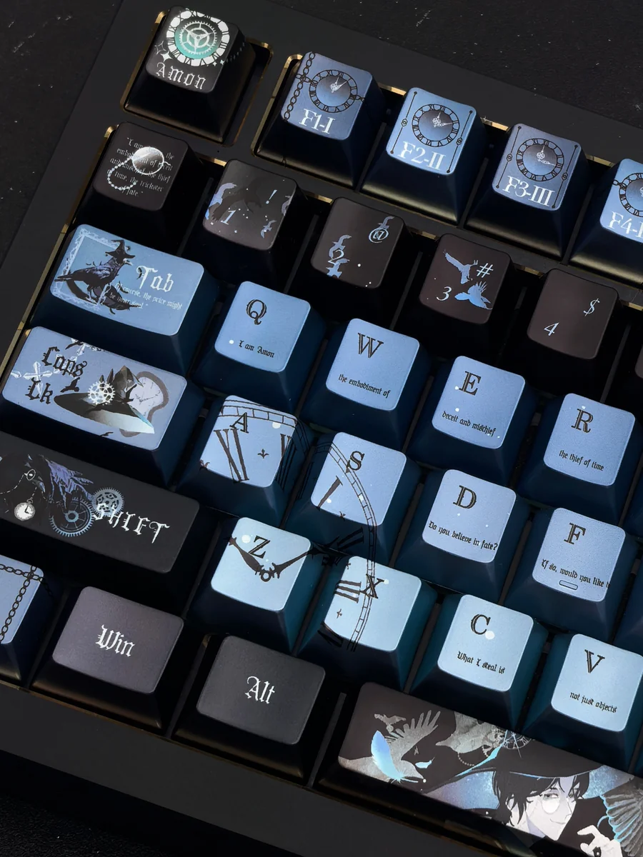 Exclusive Amon Lord of Mysteries keycap set, showcasing its intricate steampunk design and dark fantasy details from multiple perspective angles.