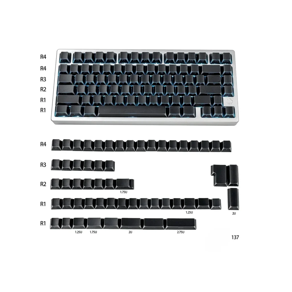 Premium Angular Shadow black PBT double-shot side-print keycaps set, elegantly illuminating their sleek, subtle shine-through legends.