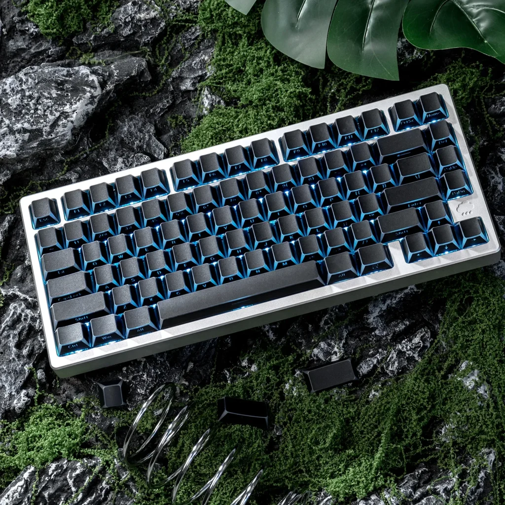 Collection of angular shadow black side-print keycaps set, showcasing their sleek geometric design and subtle shine-through PBT double-shot legends.