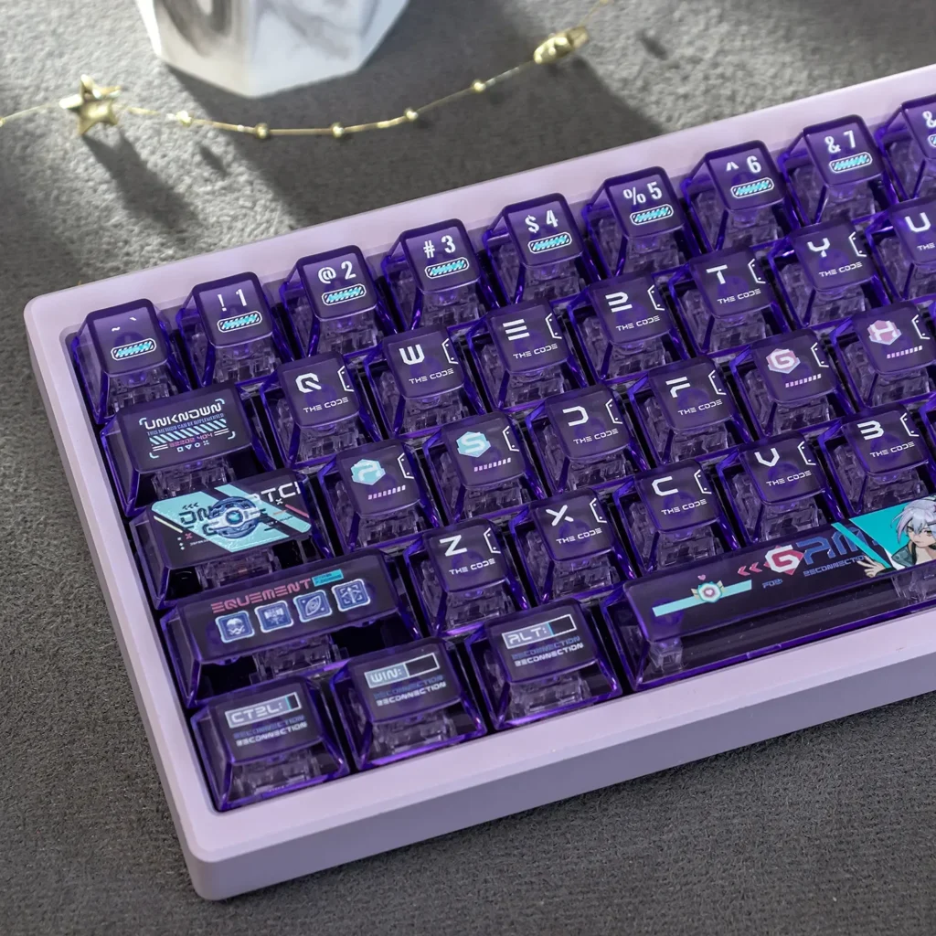 Dynamic anime battle princess gaming keycap set gallery showcases vibrant dye-sub PC warrior, silver hair, and frosted finish from multiple angles.