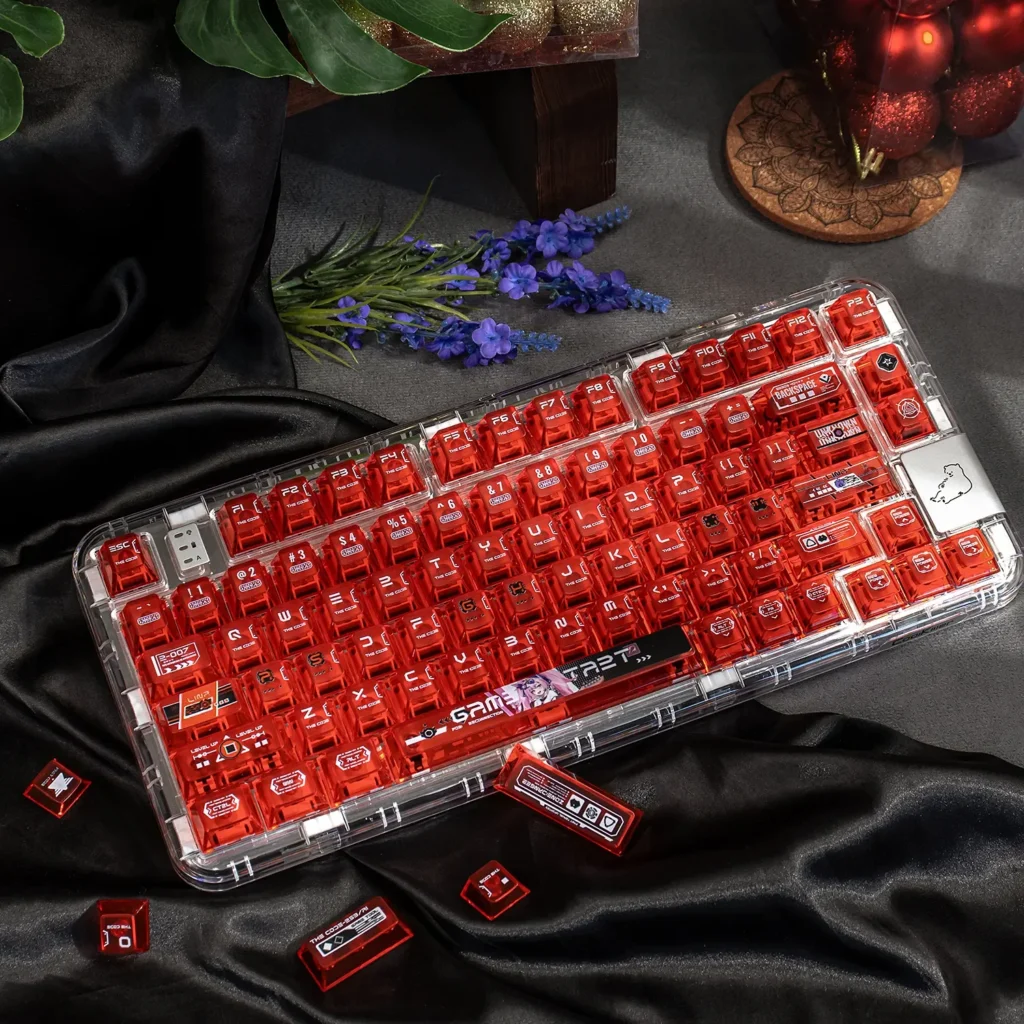 Vibrant anime battle princess custom PC keycap set from various angles, featuring a silver-haired shoujo and translucent frosted finish.
