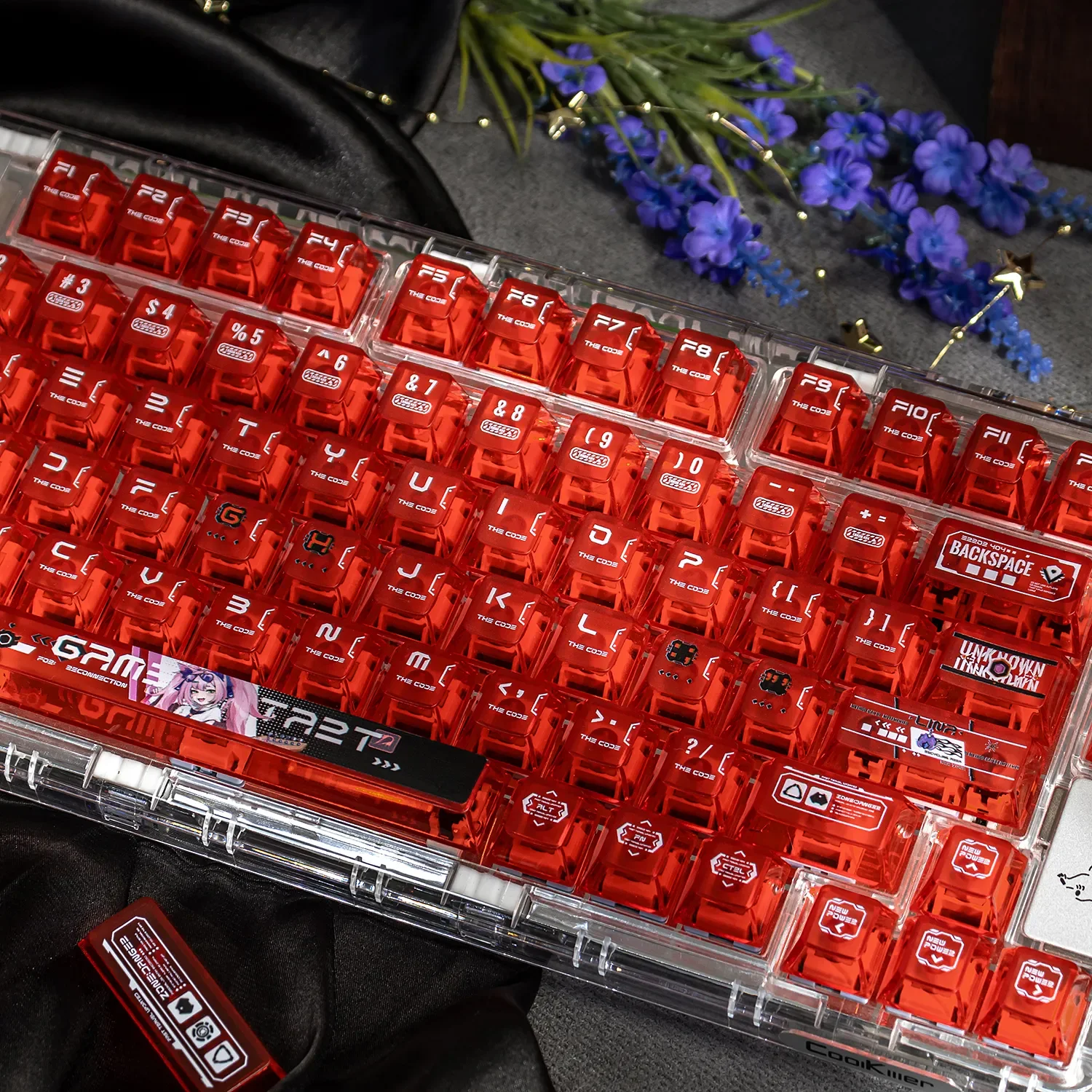 Dynamic Anime Keycap Set gallery showcases vibrant dye-sublimated silver-haired shoujo art on premium translucent PC.