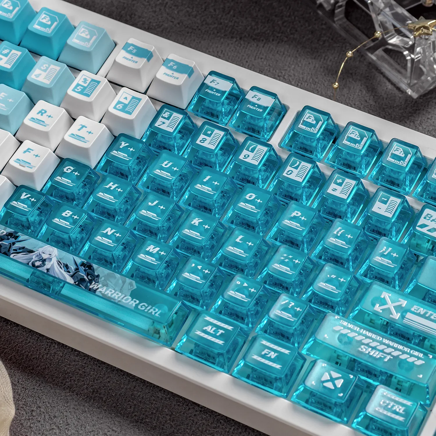 Stunning lake blue anime warrior artisan keycap set, showing intricate battle maiden, frosted PC details, heroic fantasy design for custom keyboards.