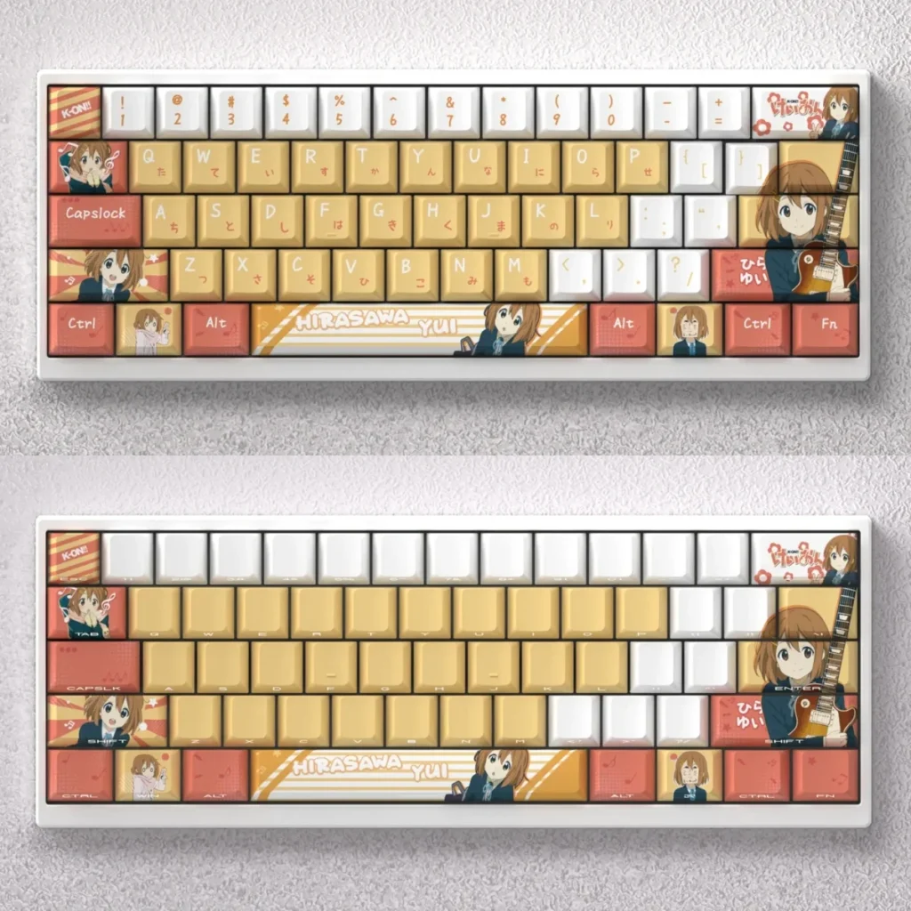 Vibrant Hirasawa Yui K-On! PBT anime keycap set for custom mechanical keyboards, showcasing cute pastel character art with a playful aesthetic.