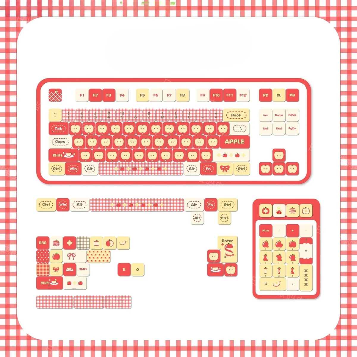 Rustic MOA Apple Keycaps Set, showcasing whimsical pastoral designs, warm colors, and unique orchard themes from various angles.