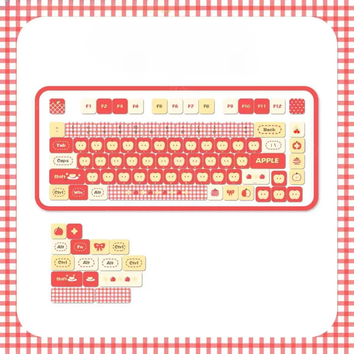 Rustic Town Apple Keycaps Set, MOA Profile, showcasing heartwarming pastoral apple art from various angles with soft, whimsical colors.