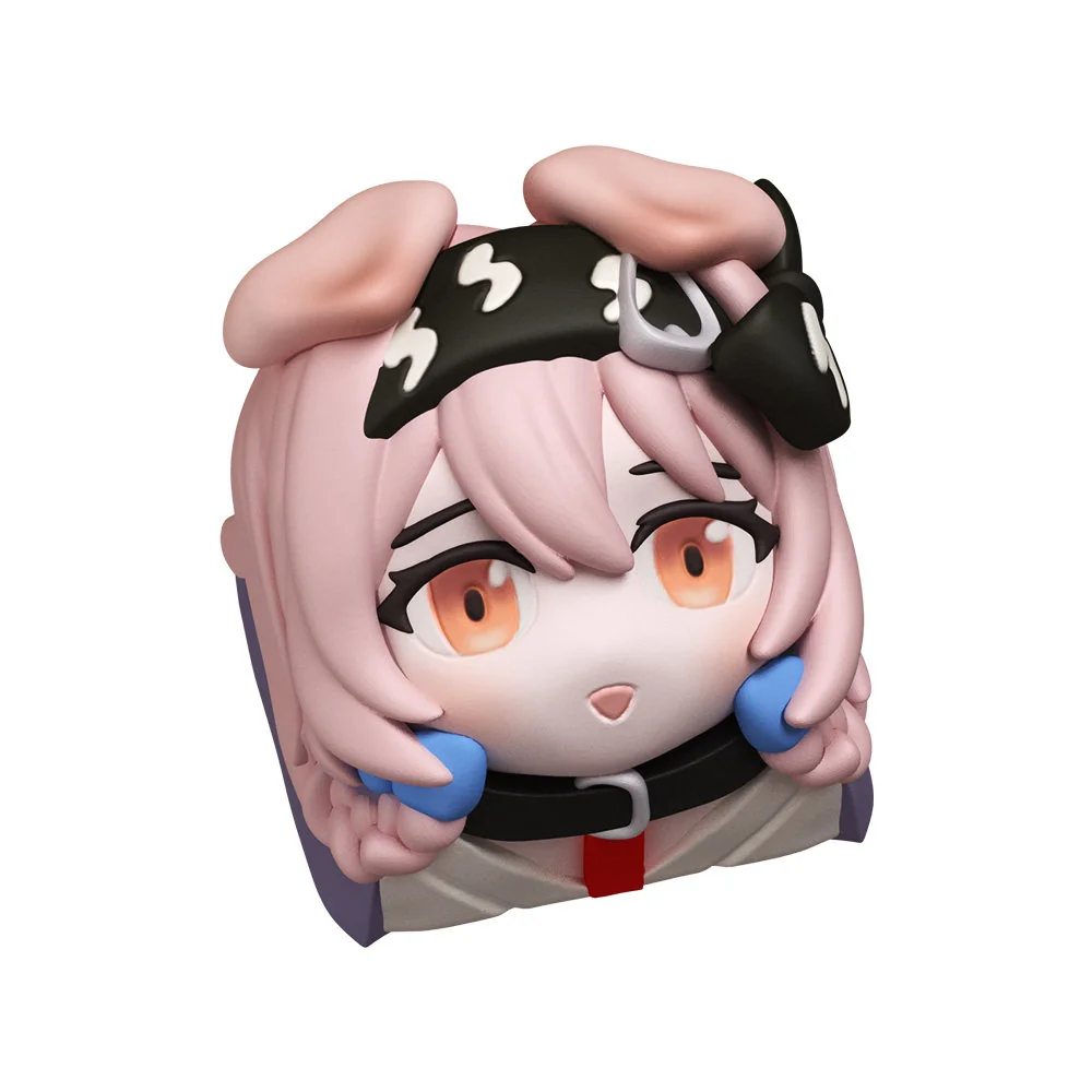 Exclusive Arknights Goldenglow character keycap, shown from playful angles, highlighting its vibrant anime aesthetic and intricate artisan detail.