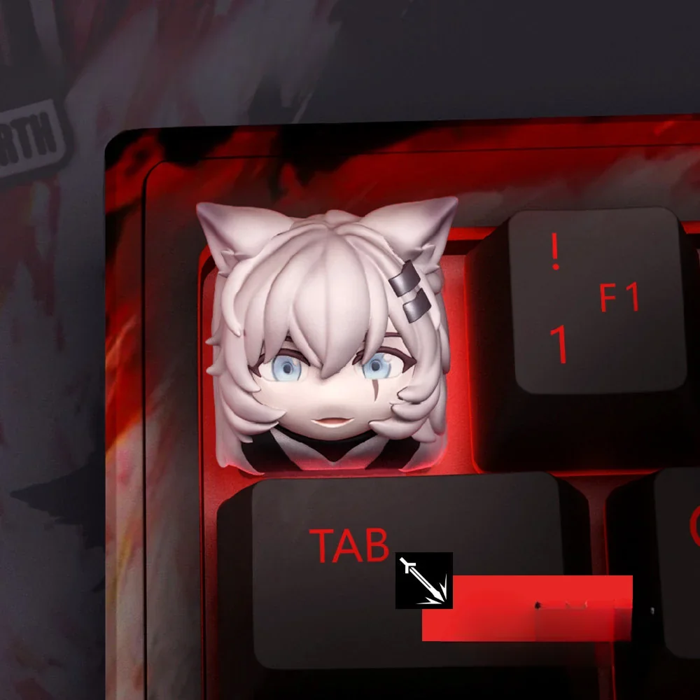 Exclusive Arknights Lappland cute anime keycap shown from multiple angles, highlighting its vibrant 3D sculpted detail and playful design.