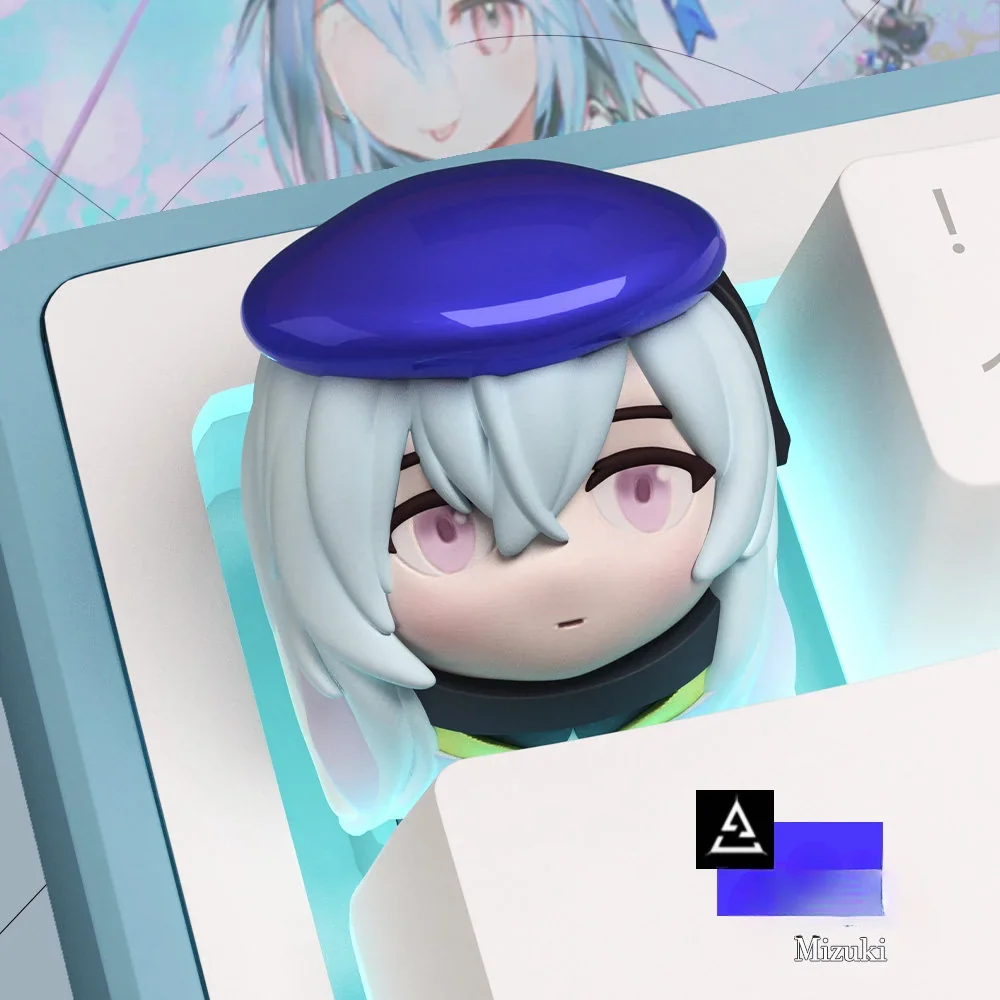 Exclusive Arknights Mizuki artisan keycap, expertly handcrafted with a cute, vibrant anime design and intricate details viewed from various angles.