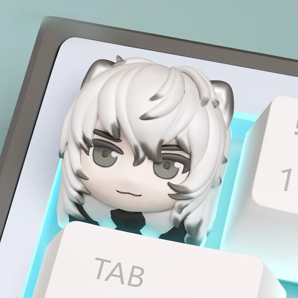 Charming handcrafted Arknights SilverAsh chibi keycap shown from multiple playful angles, highlighting its vibrant sculpted details.