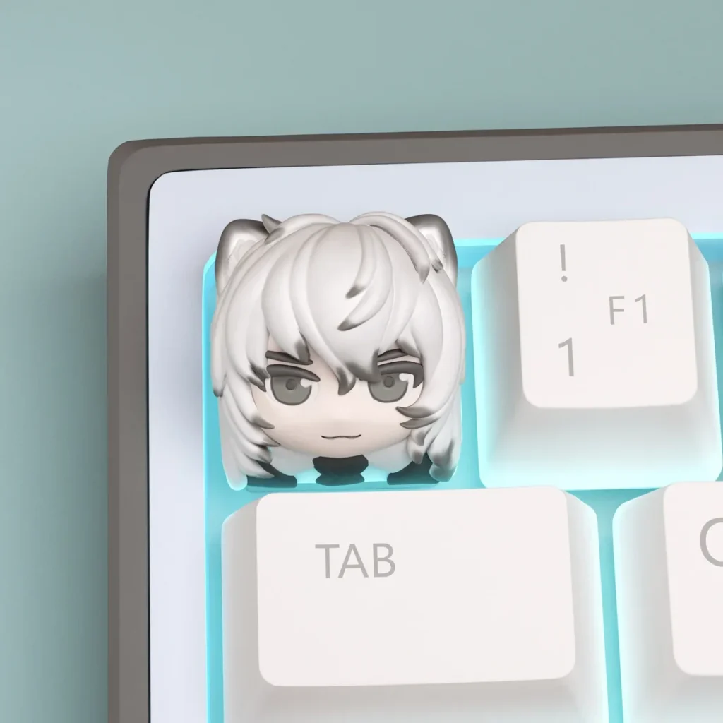 A charming, handcrafted Arknights SilverAsh chibi keycap, showcasing vibrant sculpted details and a playful aesthetic.