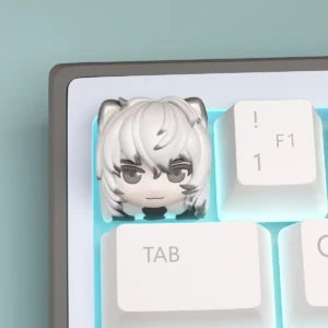 A charming, handcrafted Arknights SilverAsh chibi keycap, showcasing vibrant sculpted details and a playful aesthetic.