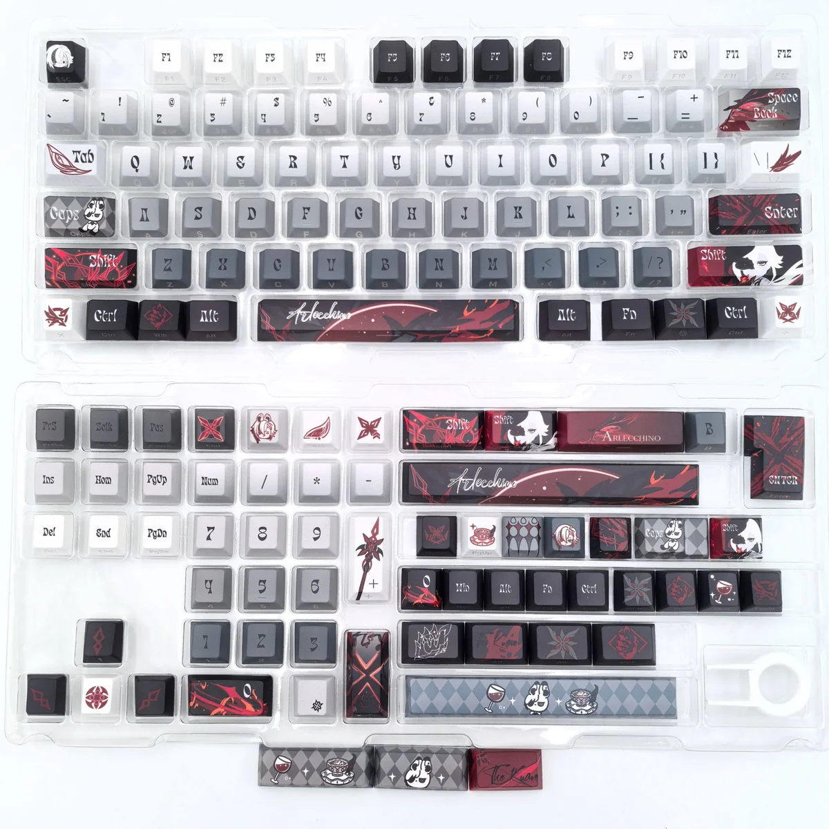 Multiple angles of the premium Arlecchino The Knave side-engraved double-shot keycap set, showcasing its mysterious dark aesthetic and subtle legends.