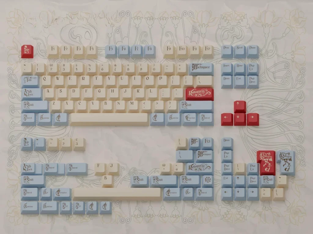A collection of Art Nouveau dye-sublimated keycaps set from various angles, showcasing intricate floral motifs and organic flowing lines in soft.