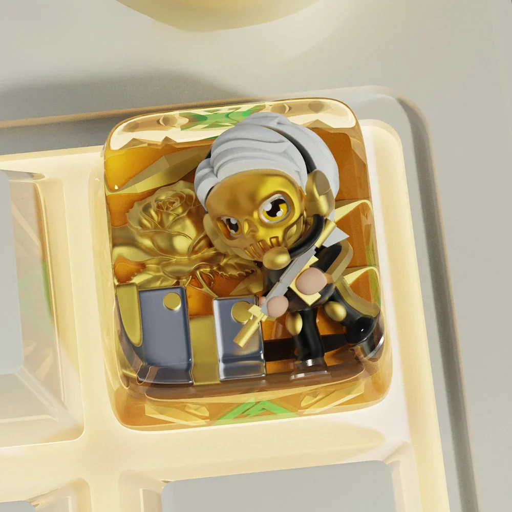 Multiple views of the handcrafted Tactical D-Wolf Artisan Keycap, showcasing its rugged military design and intense red wolf details.