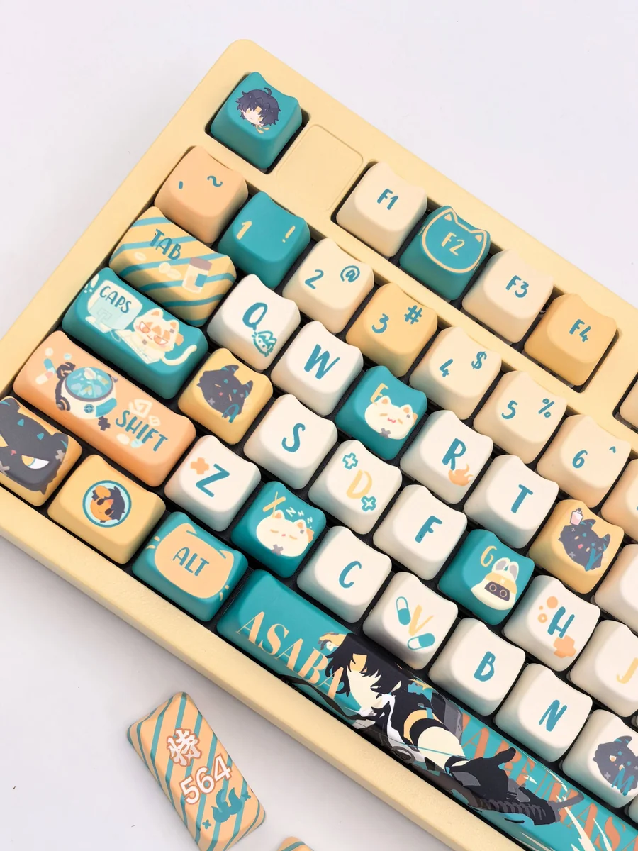 Exclusive Asaba Harumasa keycap set gallery, showcasing subtle anime-inspired character motifs and harmonious colors from multiple artistic angle.