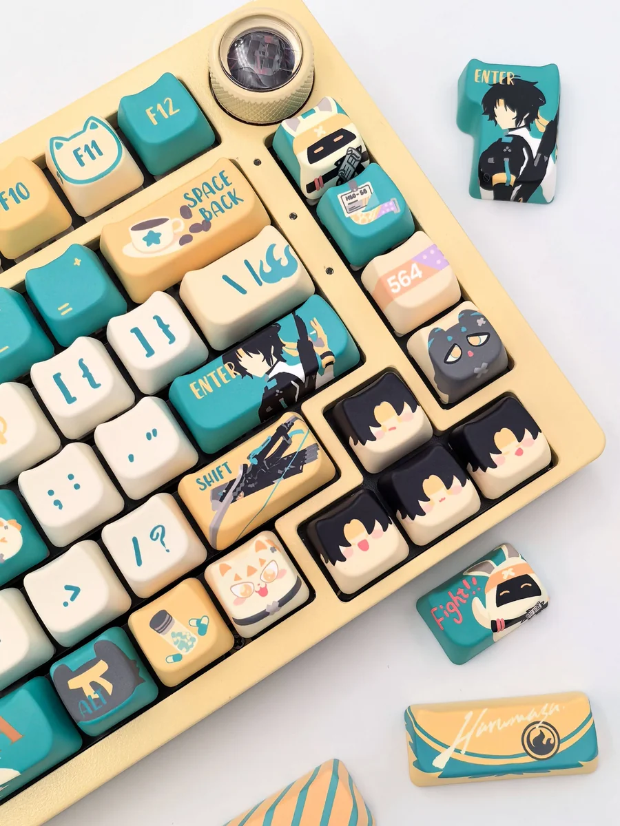 Exclusive Asaba Harumasa keycap set, showcasing subtle anime character motifs and a harmonious color palette across artistic close-up views.