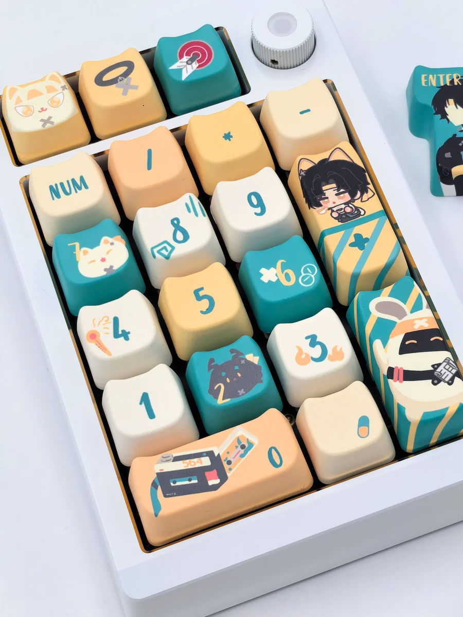 Exclusive Asaba Harumasa keycap set from multiple angles, highlighting the subtle anime-inspired character motifs and harmonious color palette.
