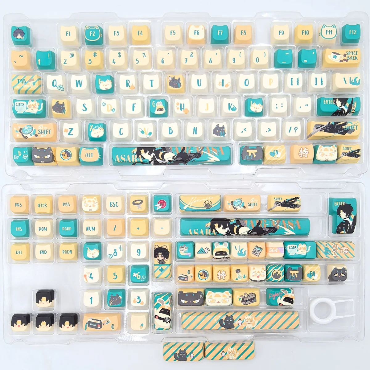 Exclusive Asaba Harumasa keycap set from various angles, revealing subtle anime-inspired character motifs and a harmonious artistic color palette.