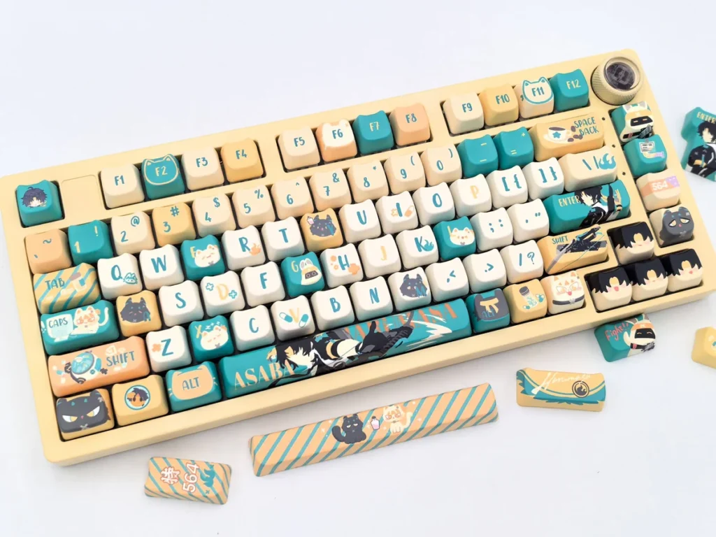 Exclusive Asaba Harumasa keycap set featuring subtle anime character motifs and a harmonious artistic color palette, beautifully displayed.