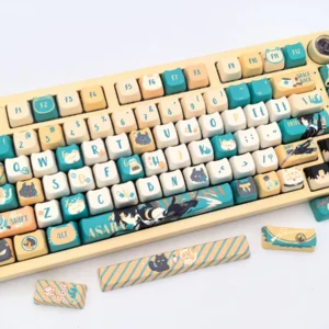 Exclusive Asaba Harumasa keycap set featuring subtle anime character motifs and a harmonious artistic color palette, beautifully displayed.