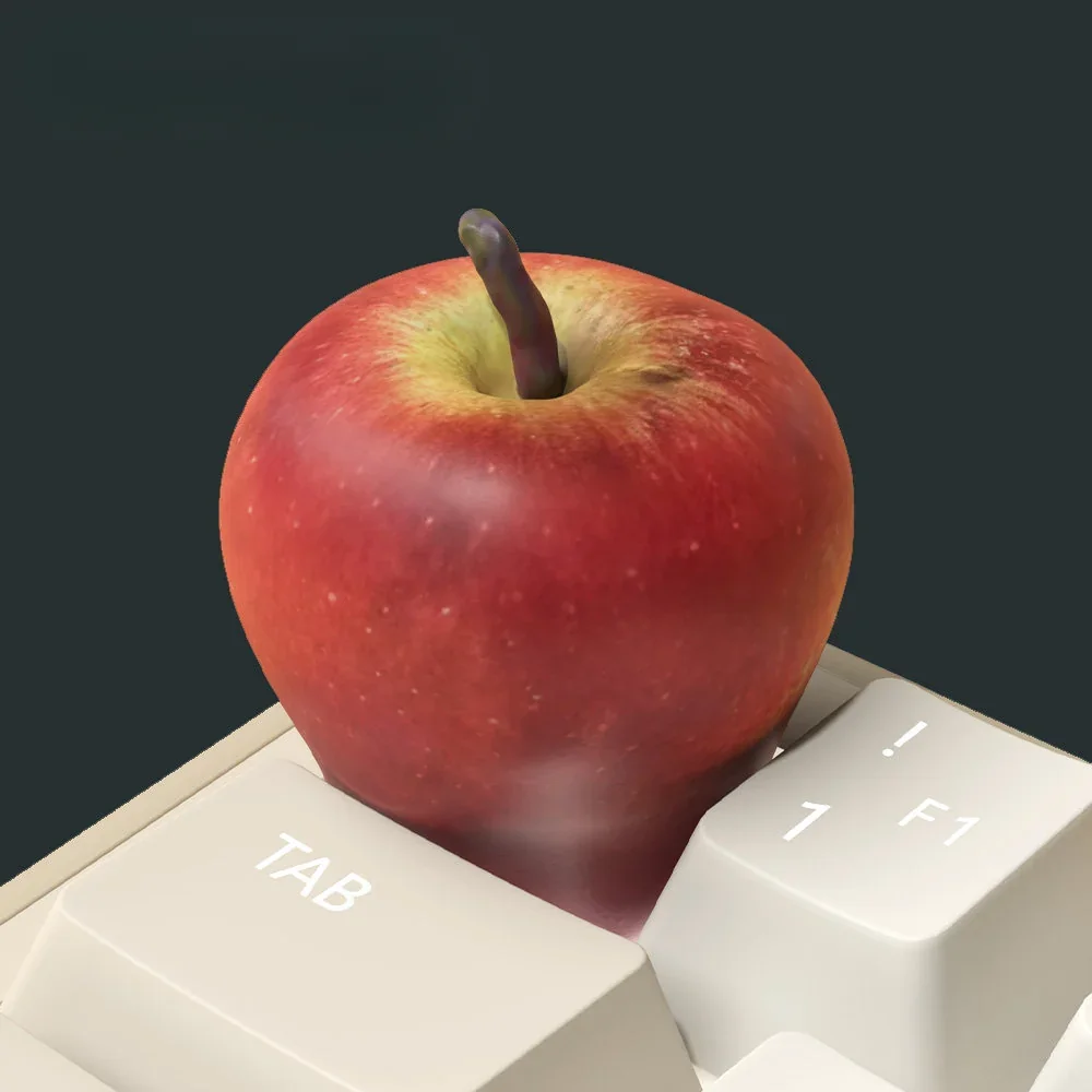 Multiple views of the Peace Apple artisan keycap luminous resin artisan keycap, highlighting its dark, rugged aesthetic and mystical red orb.