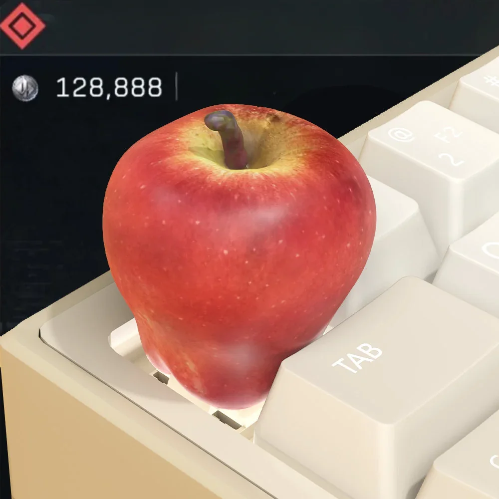 The luminous Peace Apple artisan keycap, a mystical red emanating from dark, rugged resin. Handcrafted ESC.