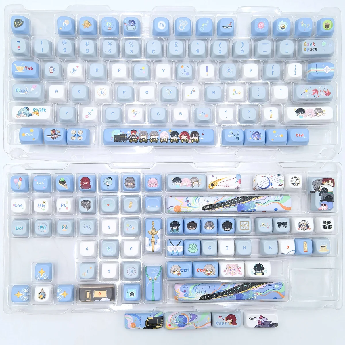 Close-up of the exclusive Astral Express artisan keycap set, showcasing its intricate cosmic design with vibrant sci-fi elements and premium craftsmanship.