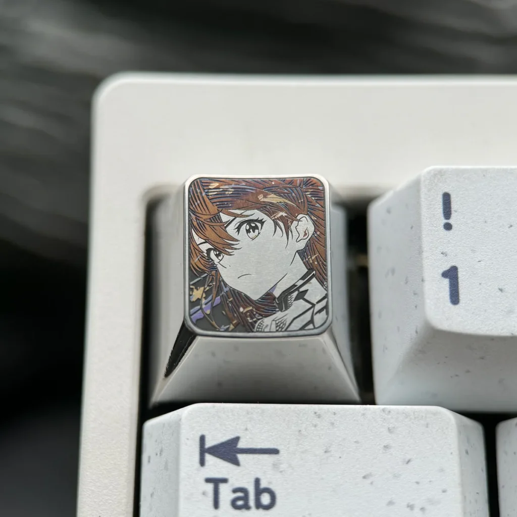 Premium precision-carved Asuka keycap showcasing intricate anime character design and polished metallic finish, an iconic fandom tribute..