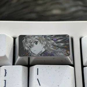 This product gallery image captures the premium alloy Asuka keycap, emphasizing its iconic Evangelion design and the meticulous precision-engraved design.
