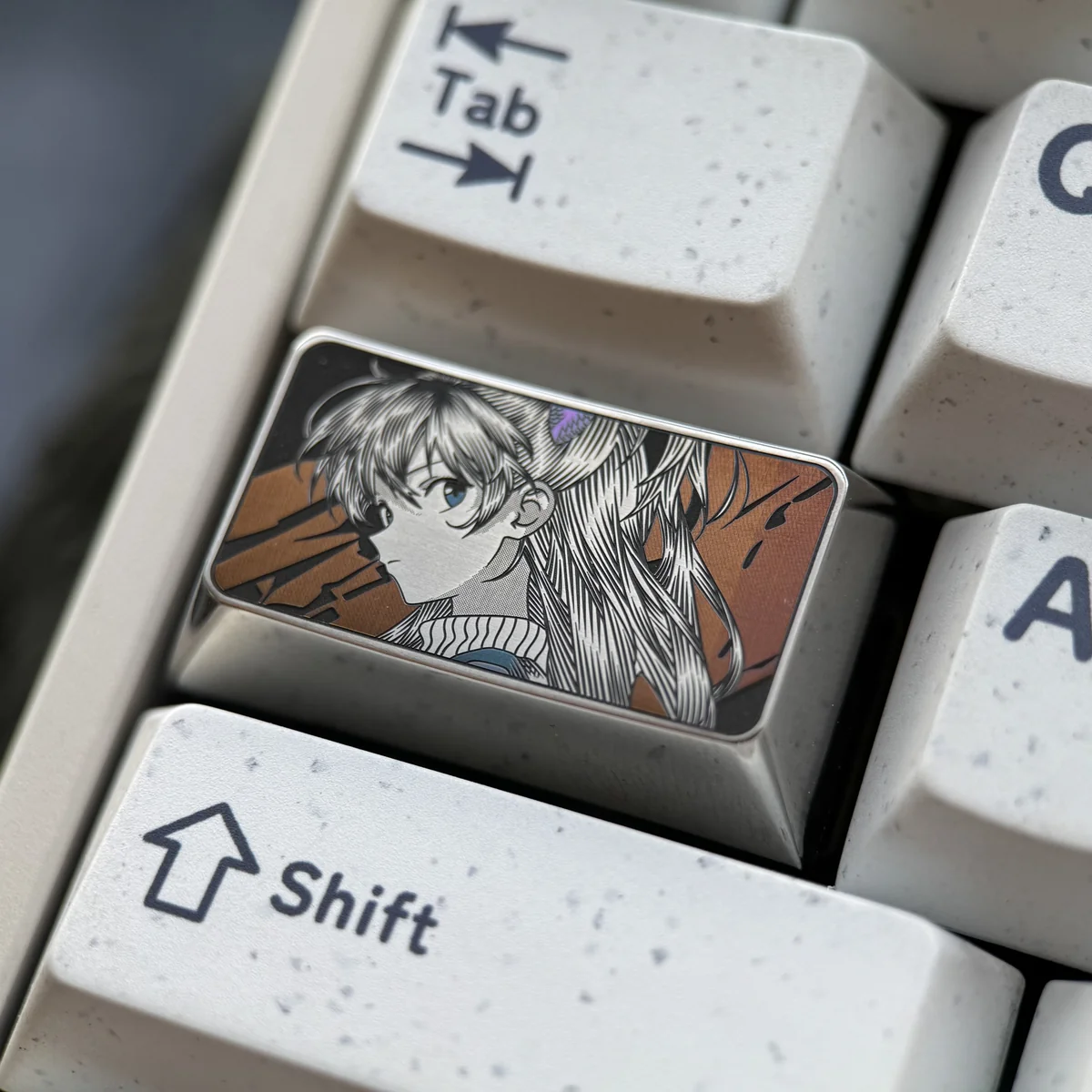 Precision-engraved Asuka Keycap in various detailed views, highlighting its iconic Evangelion anime character design and futuristic metallic art.