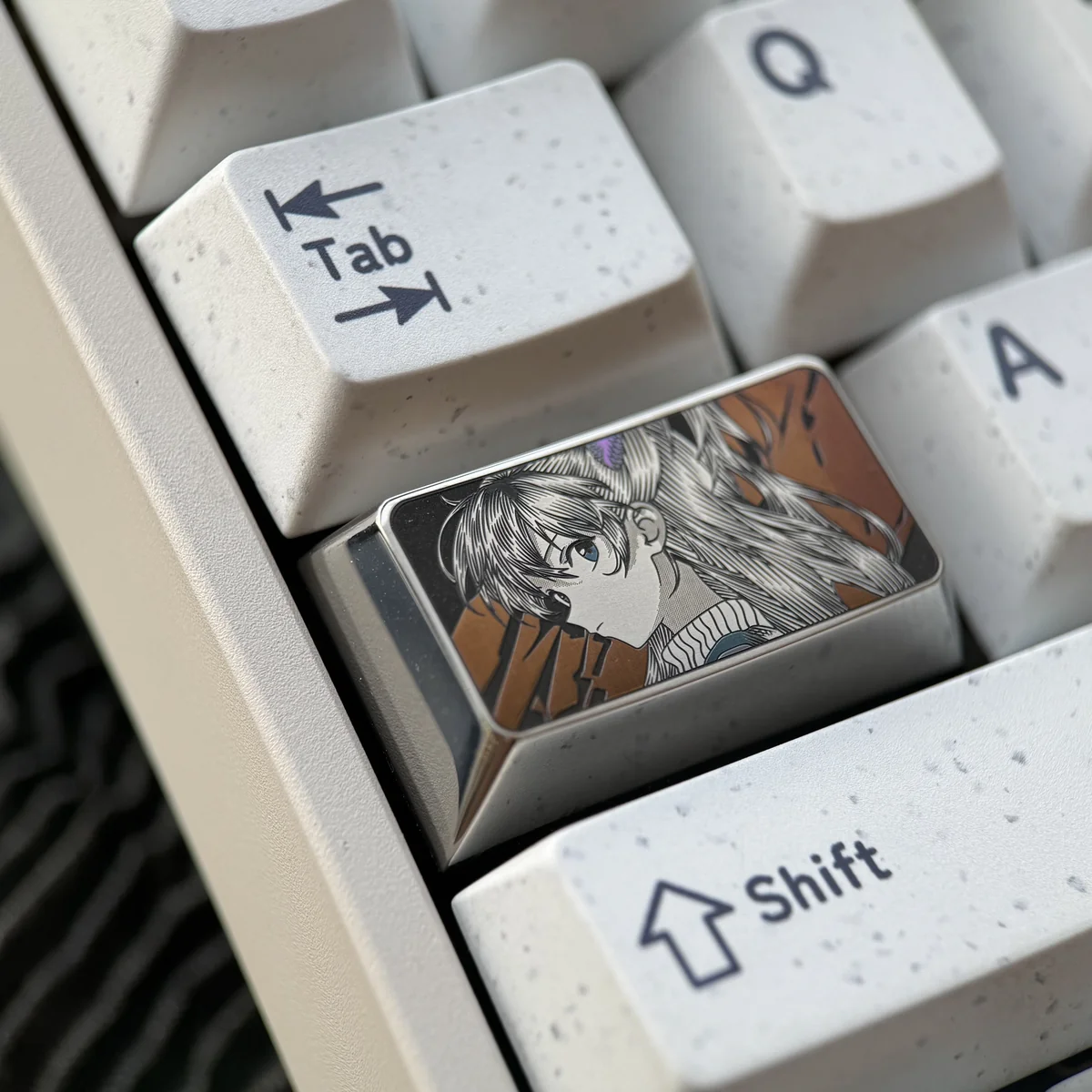 Asuka Keycap gallery. Precision-engraved Evangelion anime character with intricate metallic details shown from multiple angles. A premium artisan design.