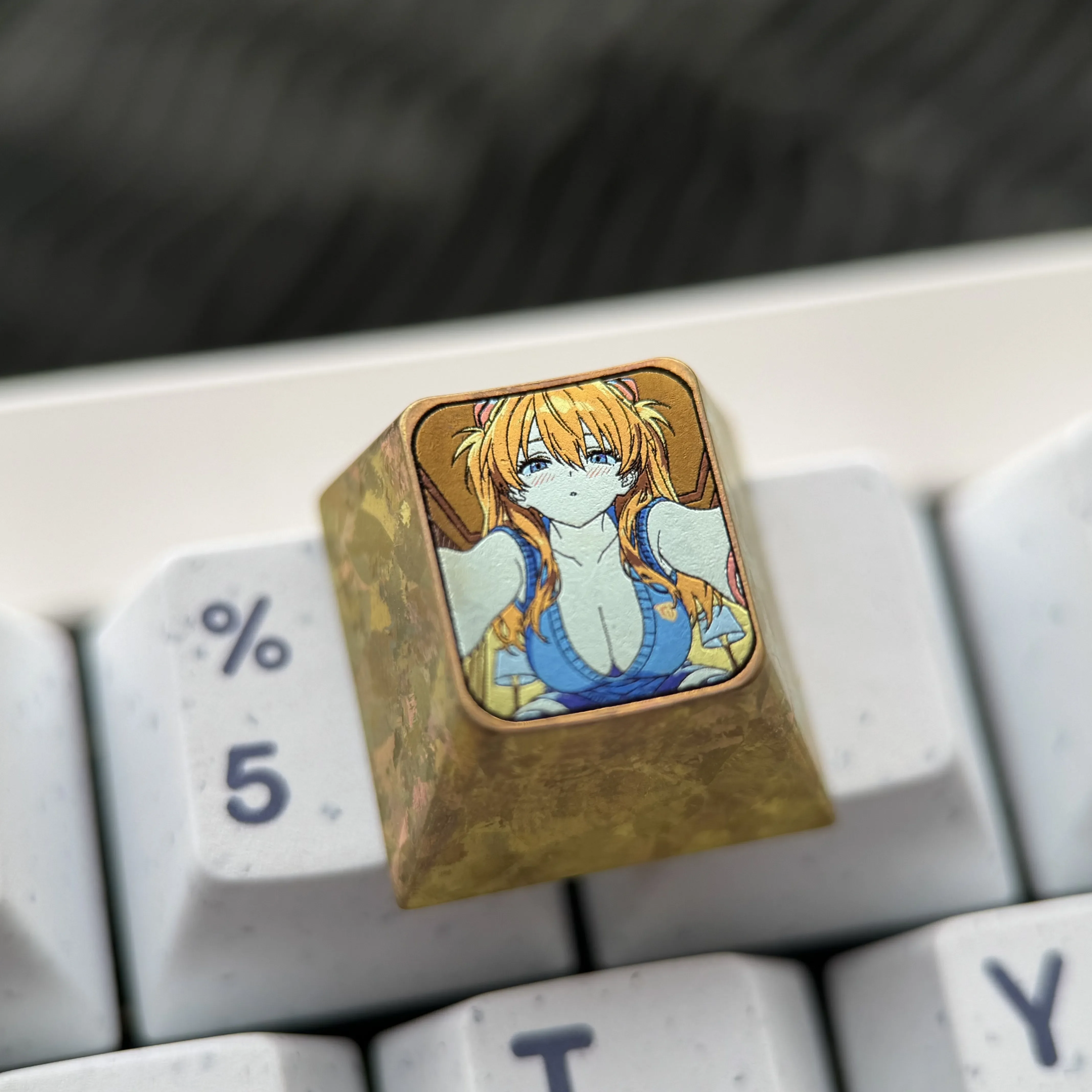 Vibrant Asuka Evangelion titanium ESC keycap, showcasing premium anime metal artistry with striking colors. A high-precision collectors item.
