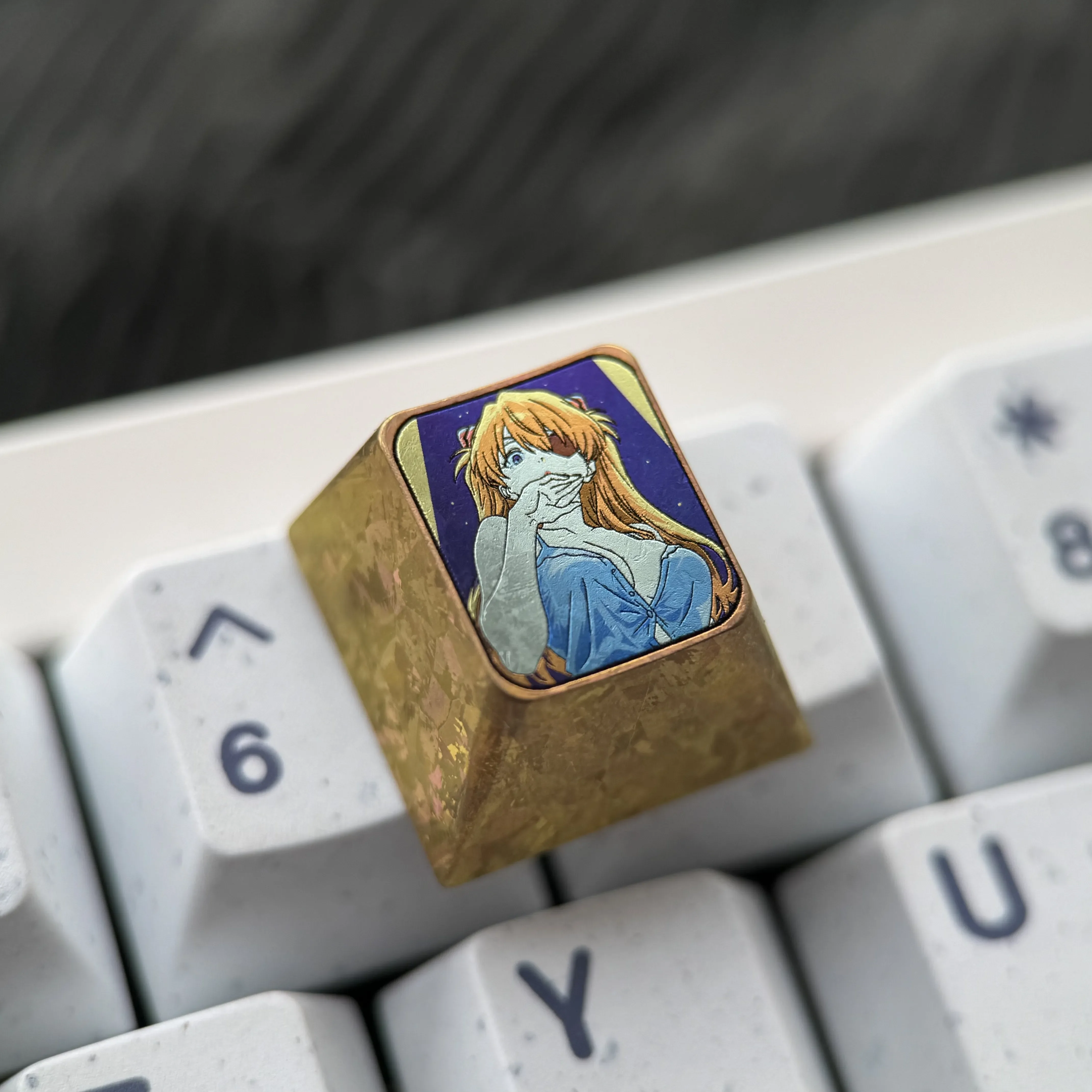 Vibrant Premium Asuka Evangelion Titanium ESC Keycap, showcasing high-precision anime alloy artistry with striking colors for a unique desktop.