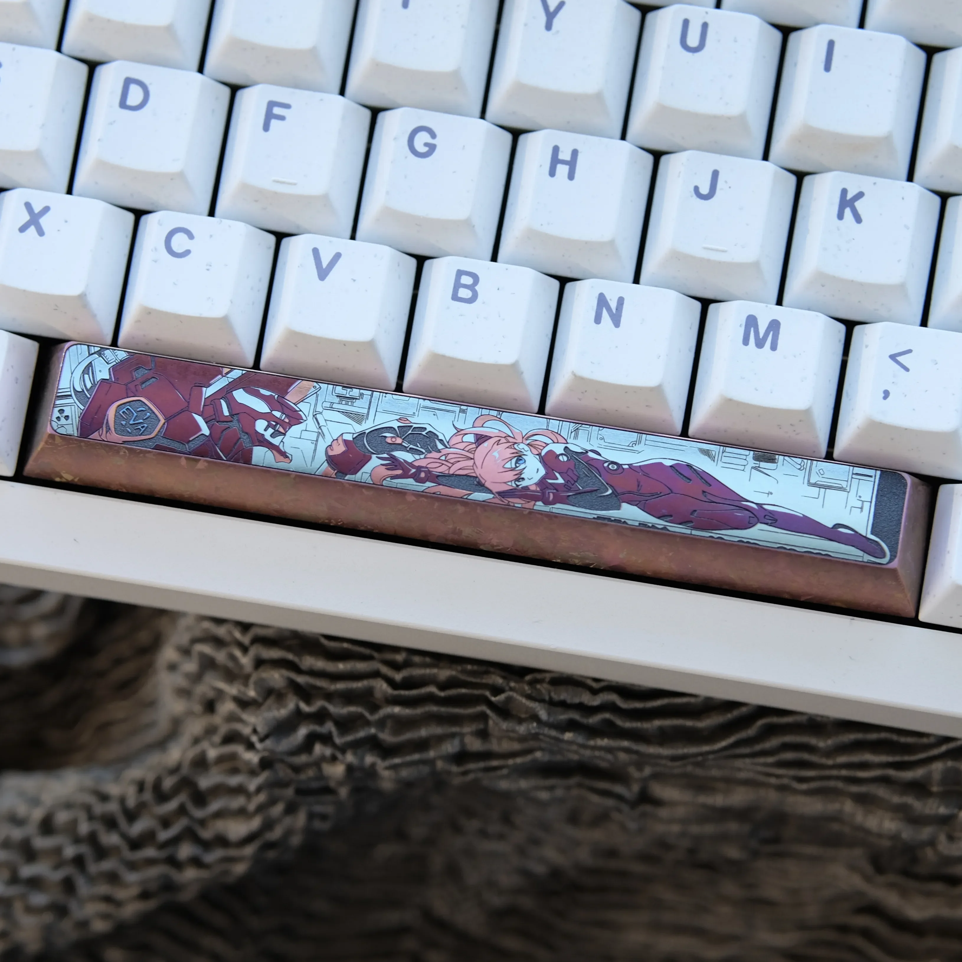 Handcrafted Asuka Titanium Keycap artisan space key prominently displayed, featuring intricate deep red mecha artistry inspired by Evangelion.