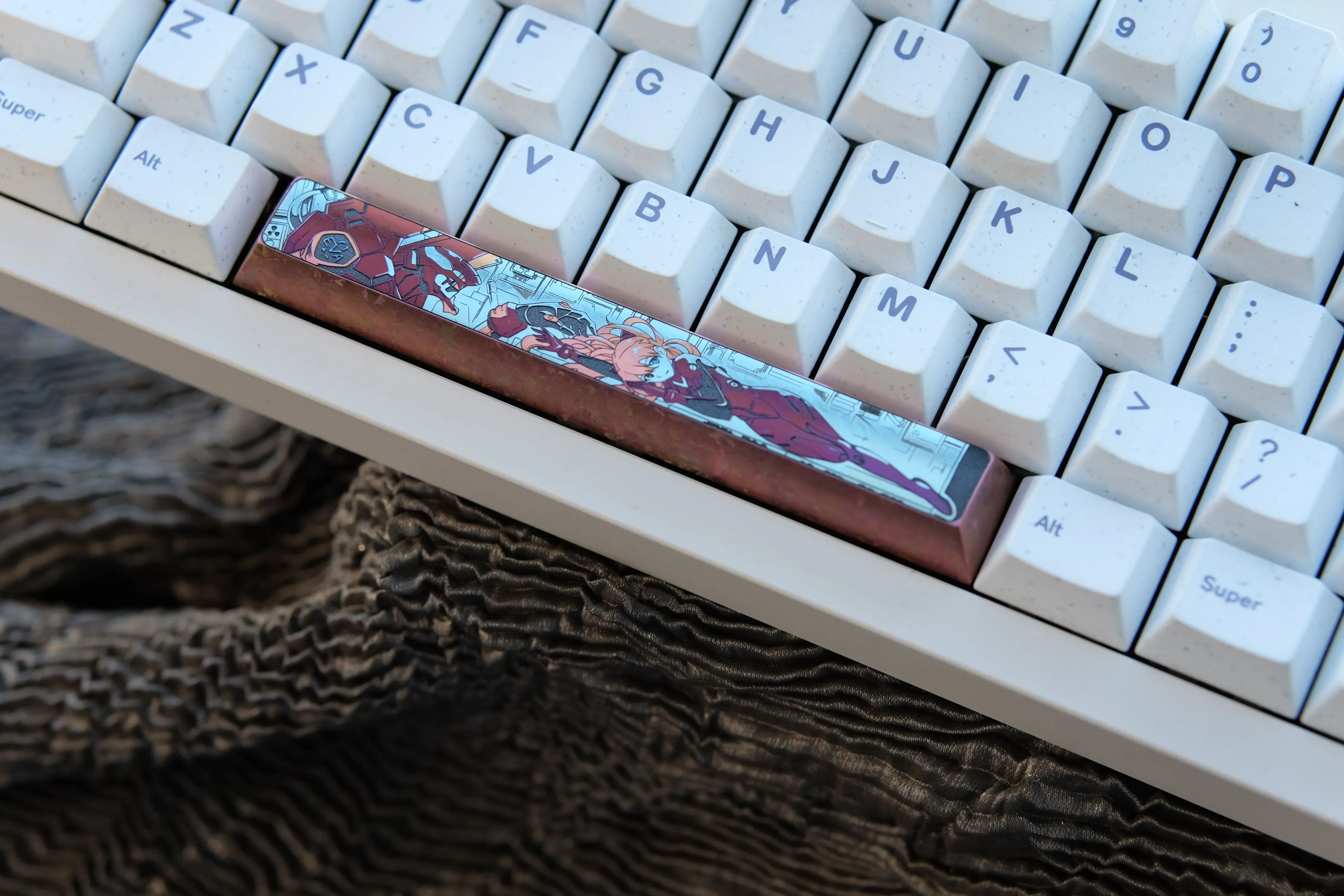 Handcrafted Asuka Titanium Keycap artisan space key gallery, showcasing its intricate deep red mecha design and premium artistry from multiple angles.