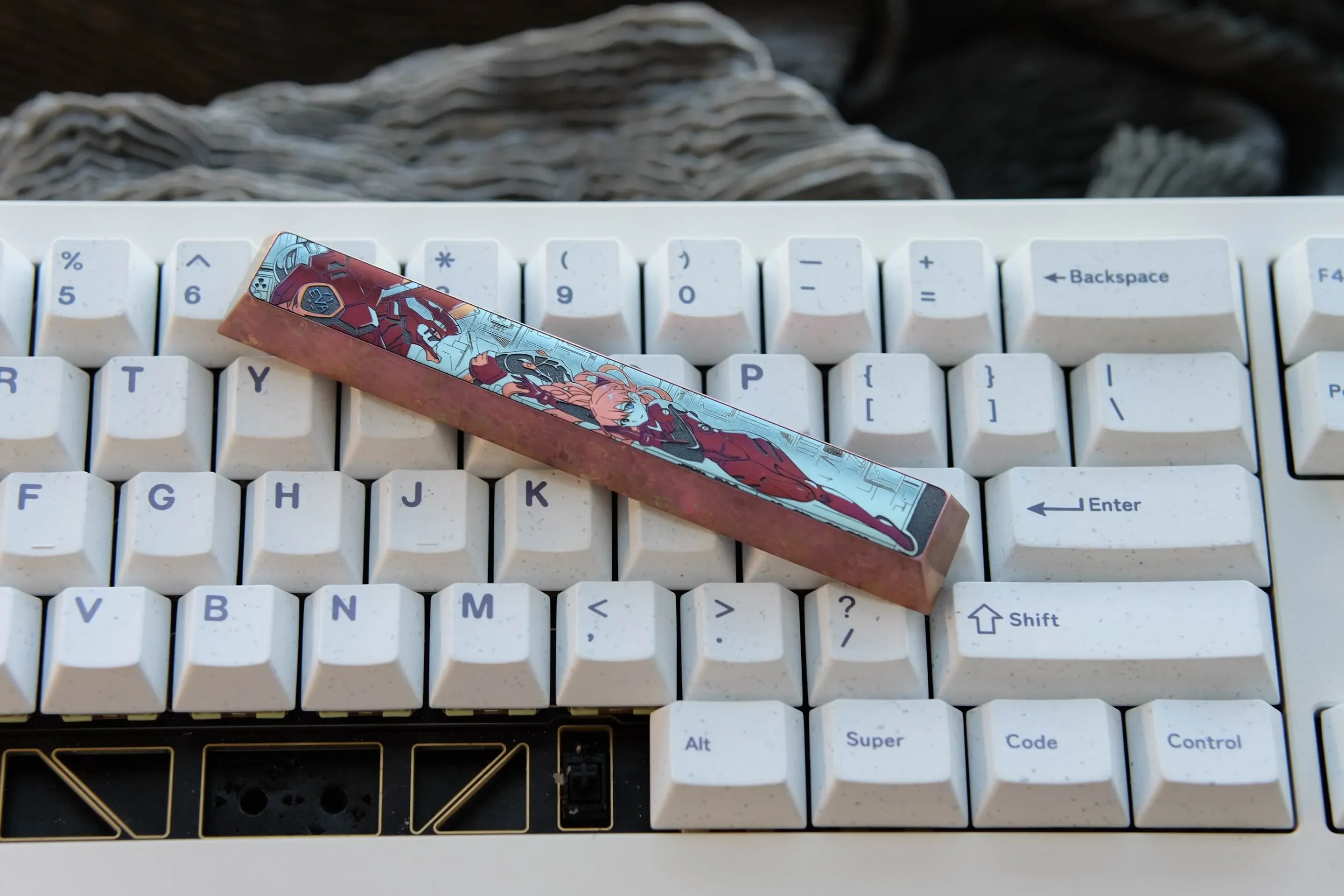 Asuka Titanium Keycap artisan space key product images, showcasing handcrafted deep red mecha artistry from various angles. Premium Evangelion design.