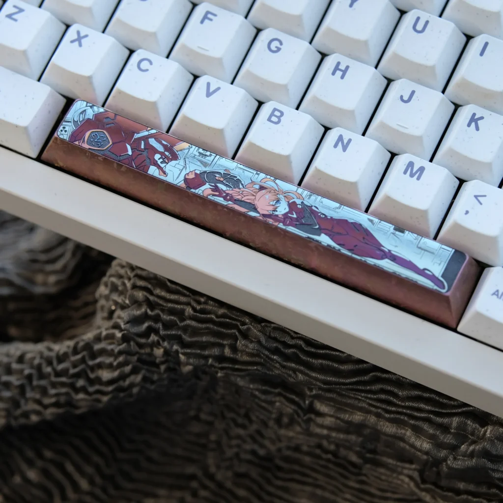 Premium handcrafted Asuka Titanium Keycap Artisan Space Key, a deep red mecha art piece. Evangelion-inspired unique craftsmanship for discerning design.