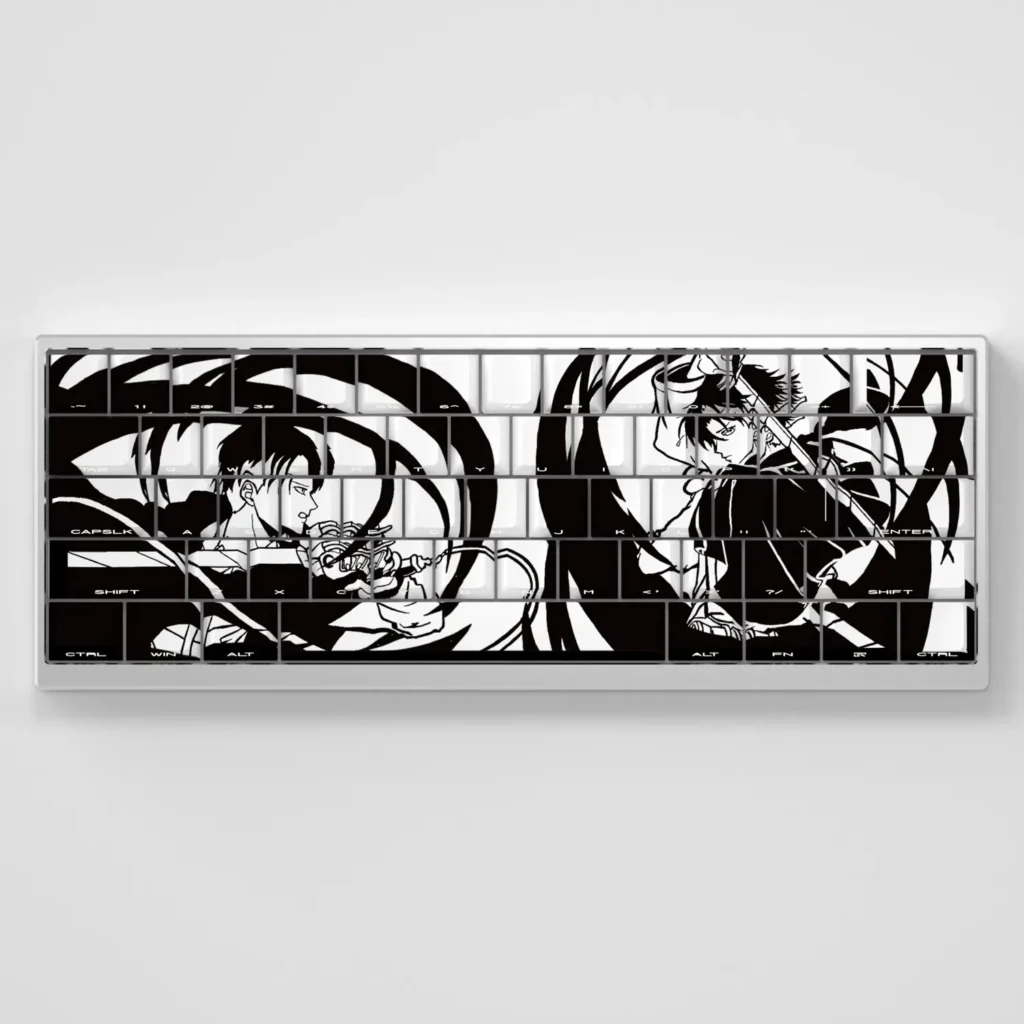 Stunning Attack on Titan Levi PBT side-engraved backlit keycap set, featuring iconic anime character design and sleek legends ready for your keyboard.