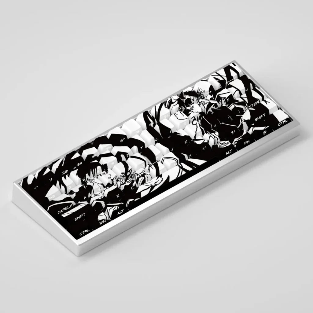 Dynamic gallery of the Attack on Titan Levi PBT Side-Engraved Backlit Keycap Set, showcasing iconic anime design, durable PBT, and sleek, luminous design.