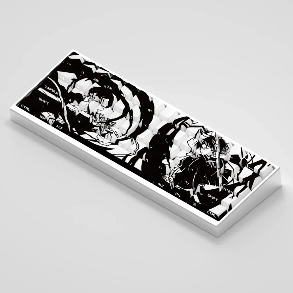 Explore this dynamic gallery of Attack on Titan Levi PBT side-engraved backlit keycaps set, highlighting the bold anime design and sleek Cherry profile.