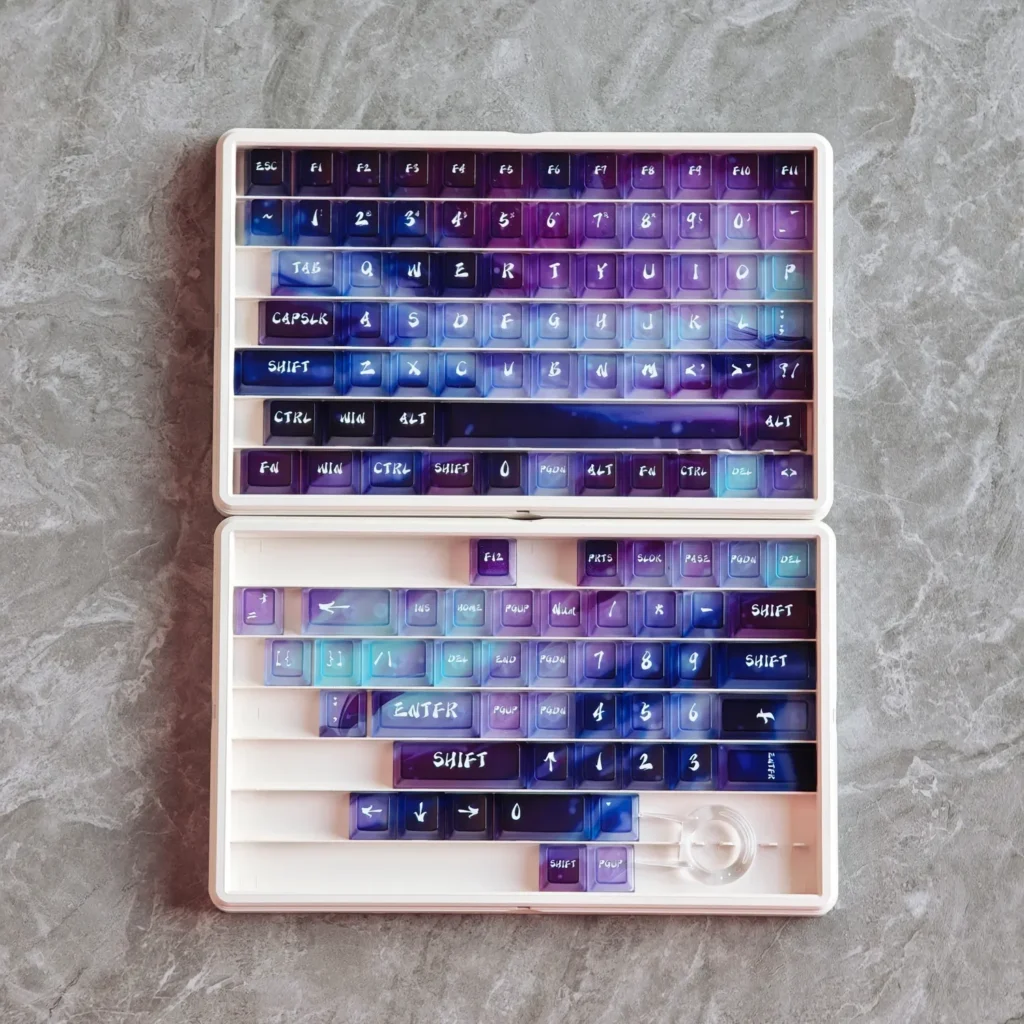 Aurora Keycaps Set showcasing their ethereal frosted translucent design, creating a vibrant light-diffusing glow for a sophisticated keyboard.