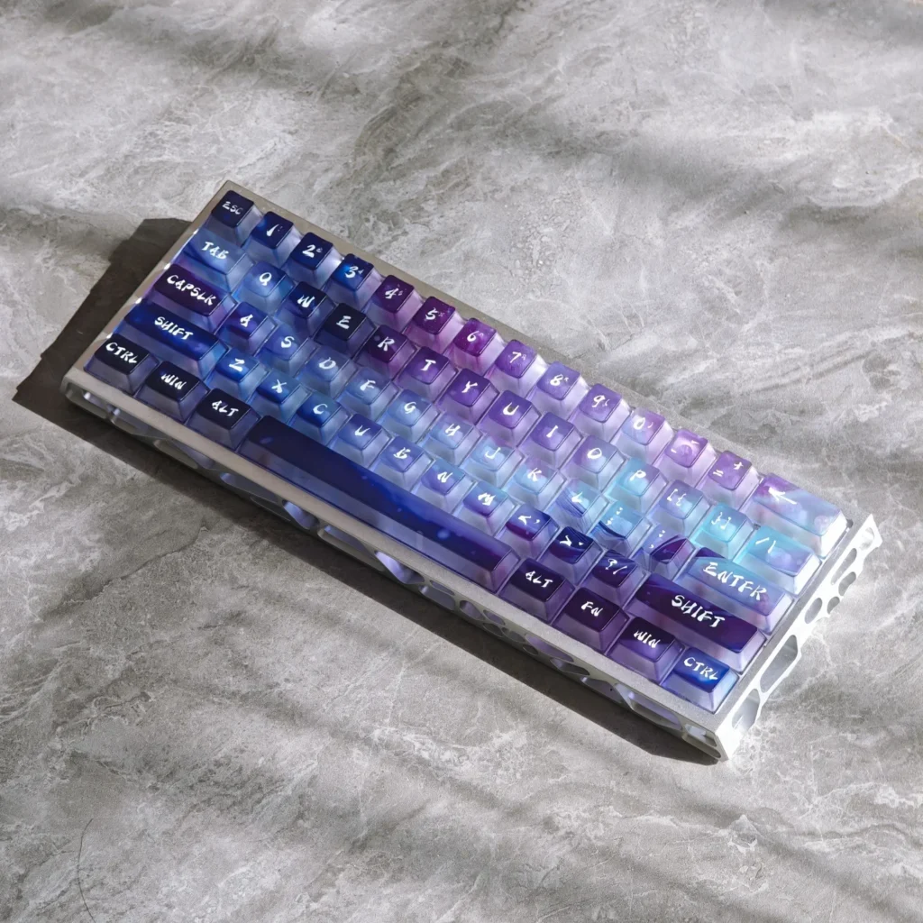 Frosted translucent Aurora Keycaps Set beautifully displayed from an artistic angle, showcasing their ethereal light-diffusing glow.