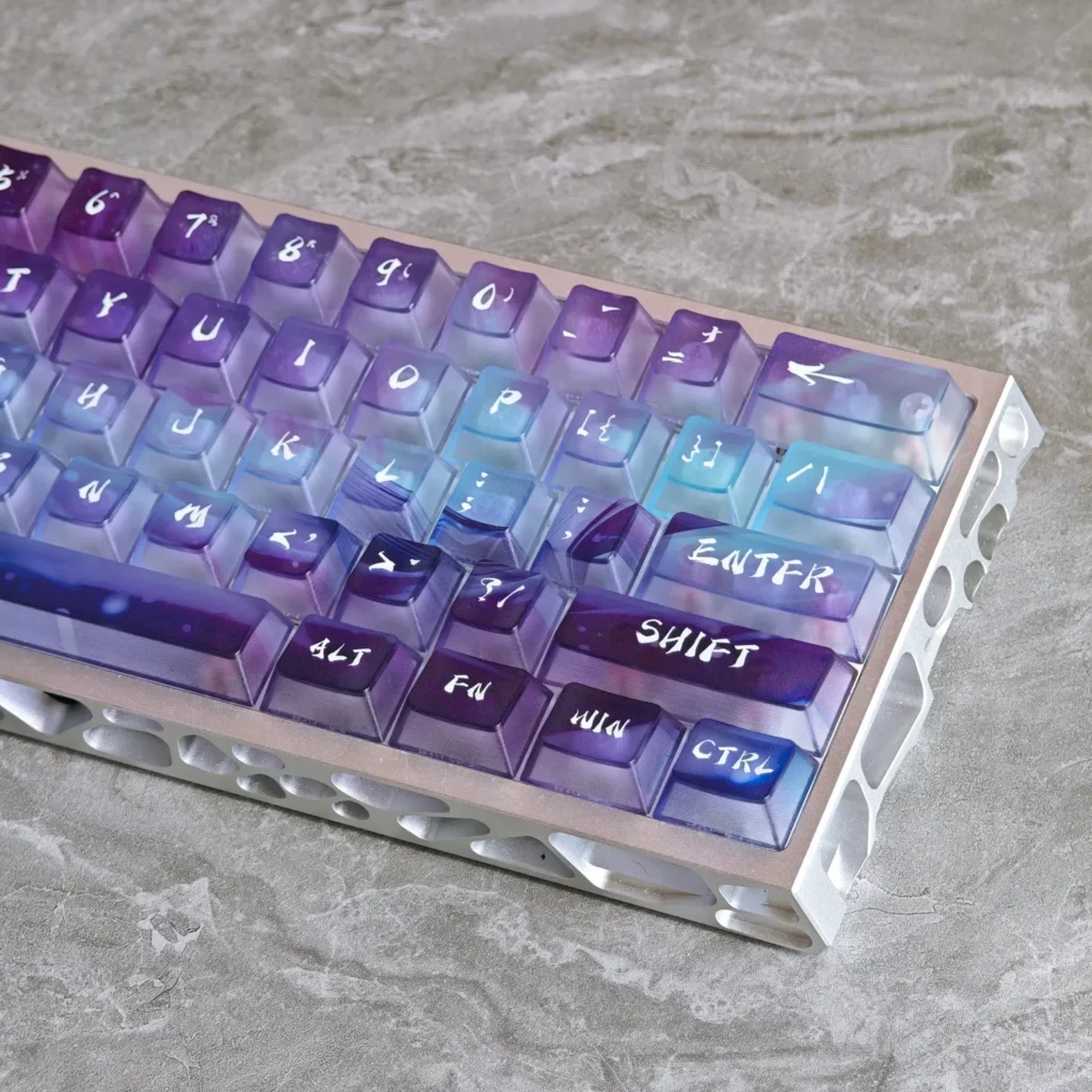 Ethereal frosted translucent Aurora Keycaps Set gallery, revealing their vibrant light diffusion and artistic glow from multiple sophisticated angles.