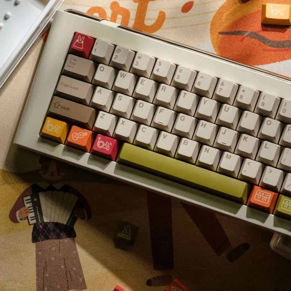 Autumn Concert Dye-sub PBT keycaps set. Views highlight warm, earthy tones, vintage instruments, forest scenes, revealing artistic quality.
