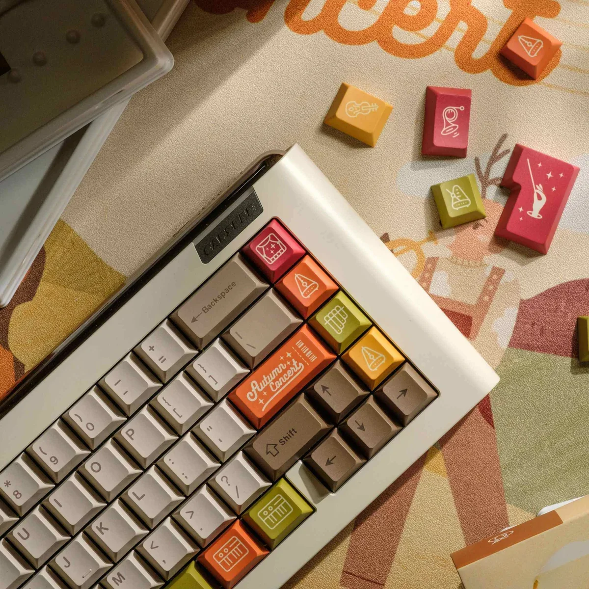 Autumn PBT keycaps set with dye-sublimated Autumn Forest Concert art: vintage instruments and serene forest scenes. Warm, earthy tones, all angles.