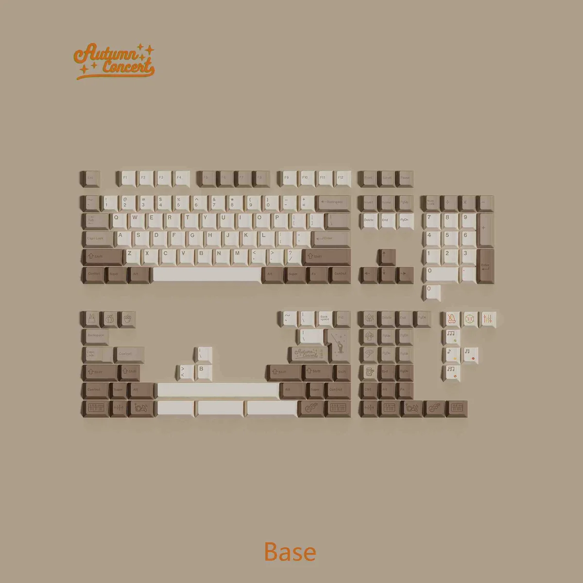 Autumn PBT keycaps set from the Concert Dye-sub set, showcasing warm earthy tones, vintage instruments, and serene forest art.