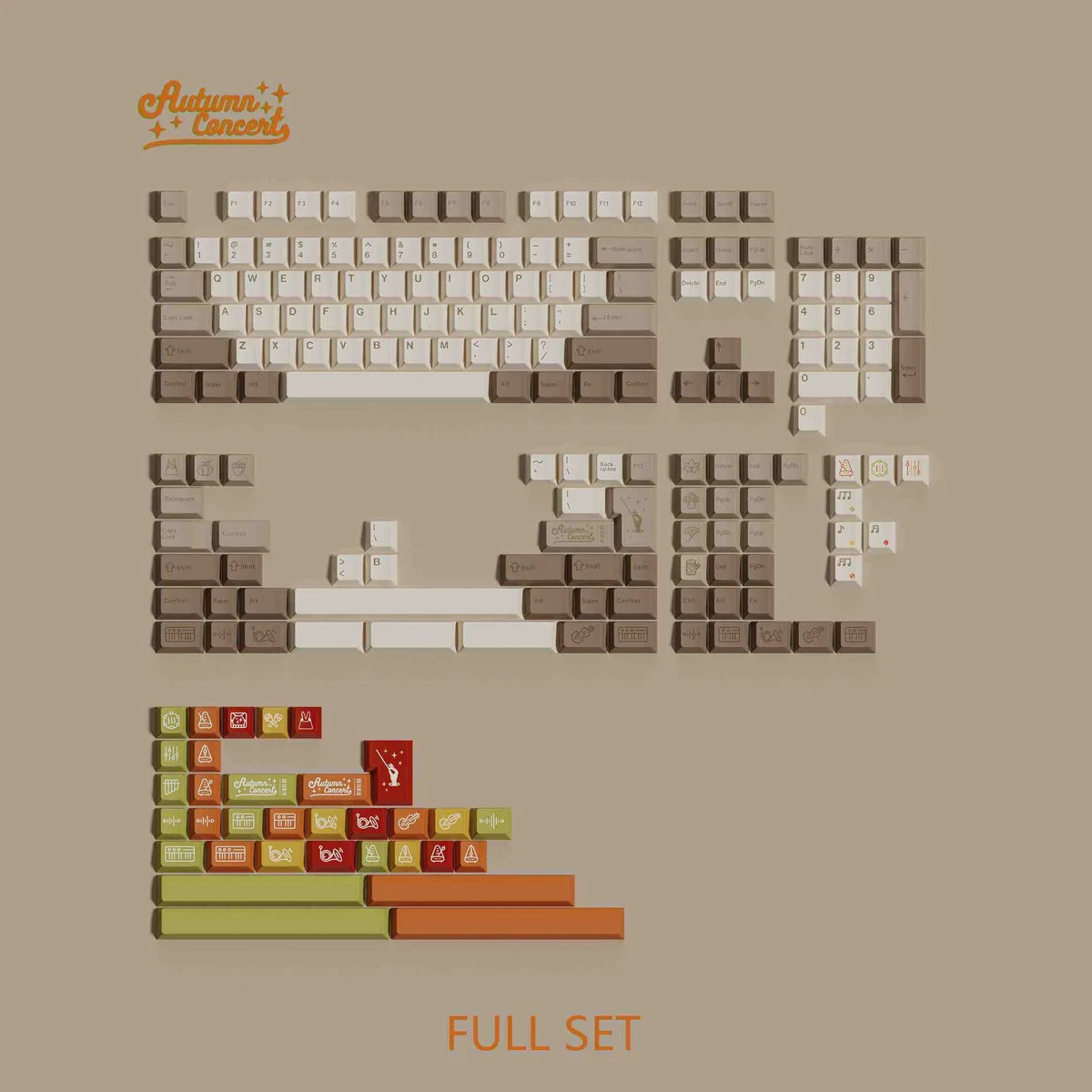 Full set of Autumn Concert dye-sub PBT keycaps set, featuring warm, earthy tones, vintage instruments, and serene autumn forest art.