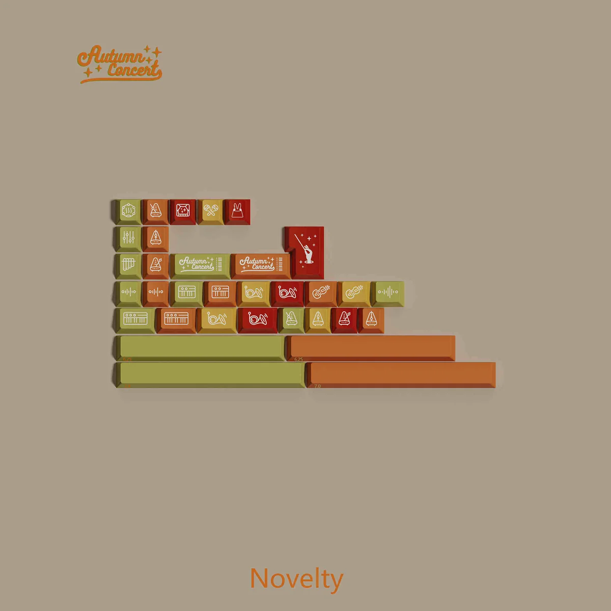 Artistic dye-sub PBT Autumn PBT Keycap Set, the treble novelty, displaying a graceful treble clef in warm, earthy tones, evoking the serene concert design.