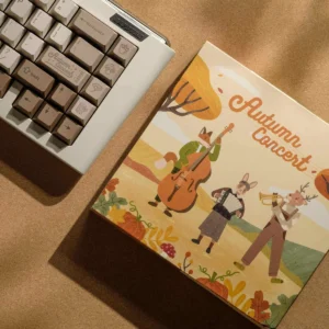 Autumn Concert Dye-sub PBT keycaps set featuring warm earthy tones, vintage instruments, and serene forest art, optimized for unique keyboards.